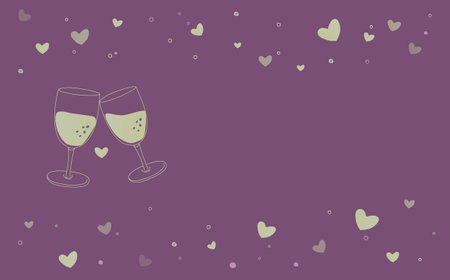 Valentine's day vector greeting card with drinking glasses and golden hearts on purple background.のイラスト素材