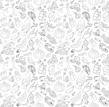 Black and white seamless pattern with groceries, vegetables and fruits, hand drawn vector illustrationのイラスト素材