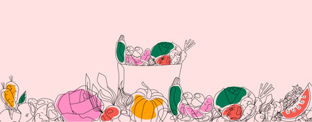 Different vegetables and fruits in paper bag. Hand drawn horizontal vector illustrationのイラスト素材