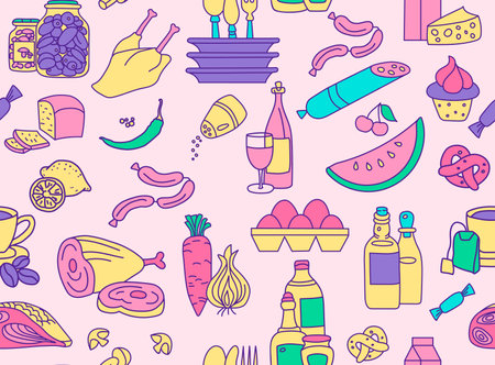 Seamless patter with different food in retro bright colorsのイラスト素材