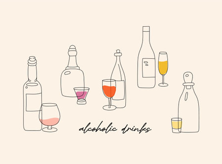 Various bottles and glasses of alcoholic drinks. Wine, champagne, whiskey, liquor, vodka. Hand drawn Vector illustration. All elements are isolated.のイラスト素材