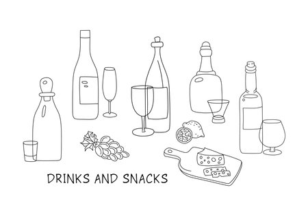 Alcohol beverages and snacks hand drawn vector illustration. All objects are isolated.のイラスト素材