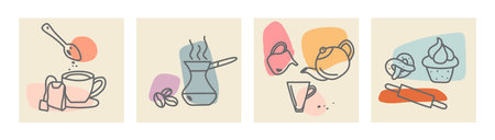 Set of various cups and pots for tea and coffee with colorful spots. Ink painting style. Hand drawn vector illustrations. Minimalistic elegant concept. All elements are isolated.のイラスト素材