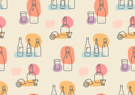 Bottles and glasses with lemon in modern ink hand drawn style. Seamless pattern.のイラスト素材