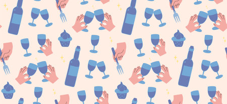 Hands holding wine glasses, clinking glasses, bottle with wine and cupcake. Seamless pattern modern vector illustrationのイラスト素材