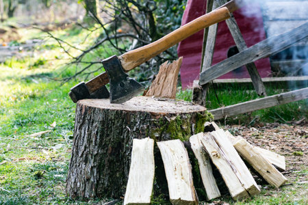 Old ax and stump in green garden. Chopped logs as an alternative source of energy.の写真素材