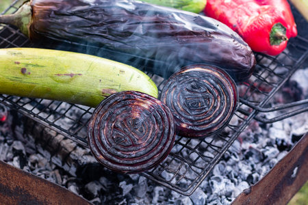 Grilled onion and other vegetables close up. Vegetarian food made on coals.