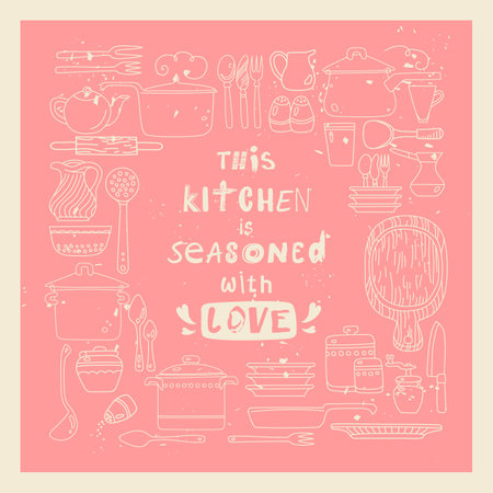 This kitchen is seasoned with love. Hand drawn kitchen utensils and phrase for wall decoration in restaurant, cafe or at home.のイラスト素材