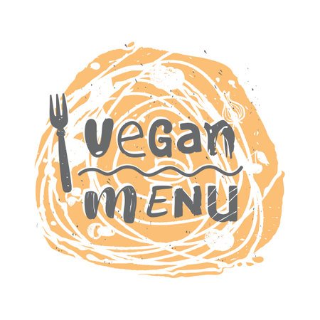 Vegan Menu Logo on scratched round background, Label for vegen cafe, shop, food, restaurant.のイラスト素材