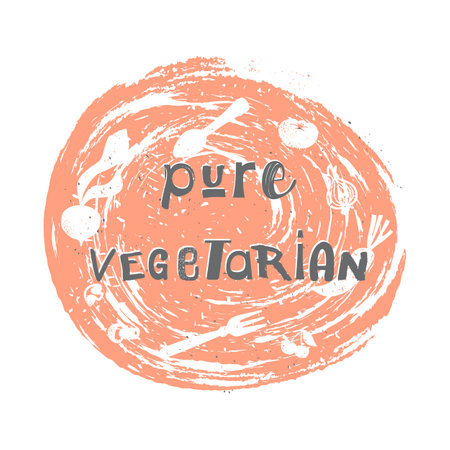Pure Vegetarian Logo in scratched round background, Label for vegetarian cafe, shop, food, restaurant.のイラスト素材
