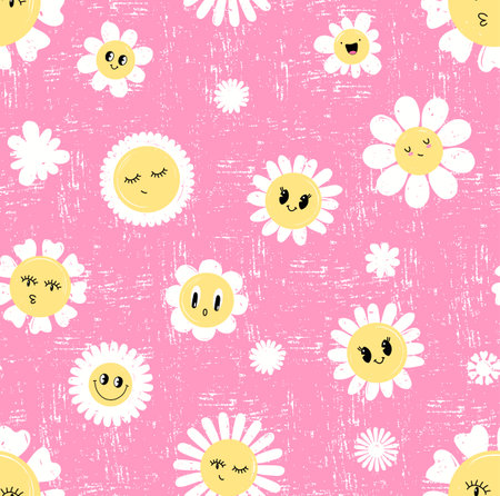 Seamless pattern with funny cartoon daisy flowers characters. Cute camomiles vectoe illustrarion.のイラスト素材