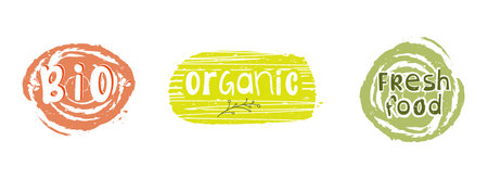 Labels with bio organic fresh food logo designs. Every icon is isolated.のイラスト素材