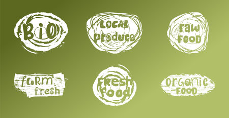 White labels with organic and raw food diet designs. Logo collection for local farm products packaging. Each element is isolated.のイラスト素材