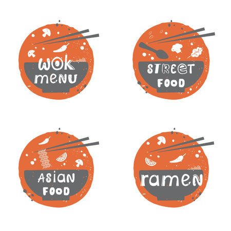 Wok menu, Street food, Asian food, Ramen. Hand drawn round icons for restaurant menu. Set of stickers with stylized lettering. Every label is isolated.のイラスト素材