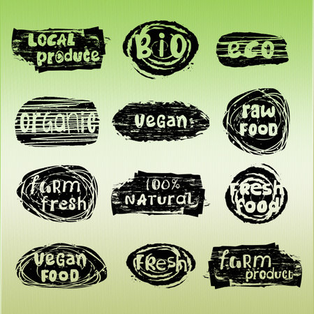 Organic food labels for eco and bio natural products. Black stickers. Vector. Each icon is isolated.のイラスト素材