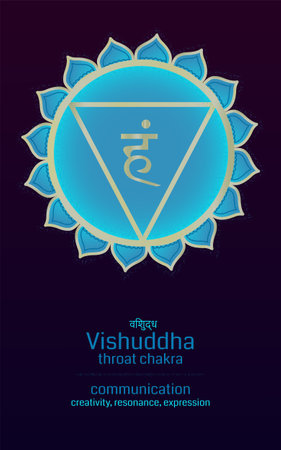 Vector illustration of symbol chakra Vishuddha with description for meditation and yoga. Colorful flower mandala with golden lines and sanscrit sing.のイラスト素材