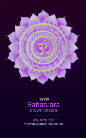 Vector illustration of Sahasrara chakra with information for meditation and yoga. Colorful mandala with golden lines and sanskrit symbol om.のイラスト素材