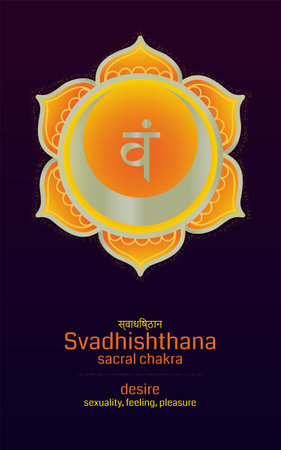 Svadhishthana chakra symbol with description. Colorful mandala with golden lines. Orange sacral sign for meditation and yoga.のイラスト素材
