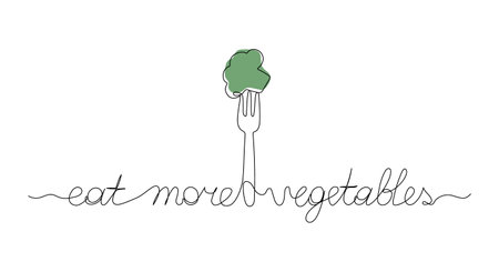 Eat more vegetables, continuous line art lettering. Inspiring phrase about healthy food. For poster, banner, print, packaging.のイラスト素材