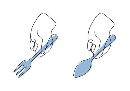 Hand with spoon and fork continuous one line art. Stylish vector illustration.のイラスト素材