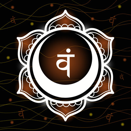 Svathisthana chakra with sanskrit symbol on black background. Mandala vector illustration for yoga and meditation.のイラスト素材