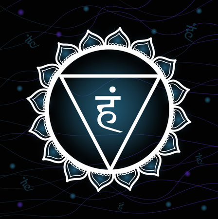 Vishuddha mandala with sanskrit symbol in the centre. Chakra icon on black background. Sacred geometry vector illustration for yoga healing and meditation.のイラスト素材