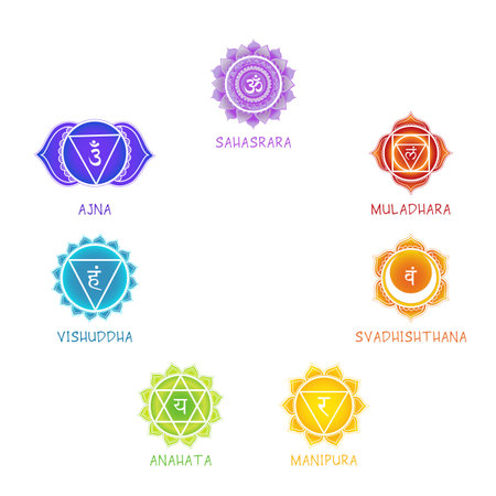 Chakra symbols with names on white background. Mandala icons for design, associated with yoga, spiritual practices and meditation.のイラスト素材