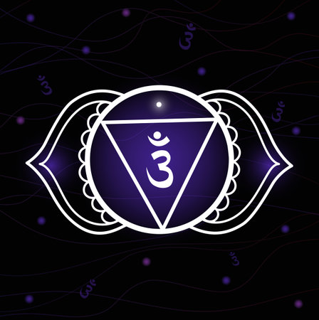 Third eye chakra on black background. Sacred geometry vector illustration for design, associated with yoga and India.のイラスト素材