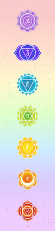 Chakra vertical vector illustration on pastel rainbow background. Vertical orientation for wall decor and meditation.のイラスト素材
