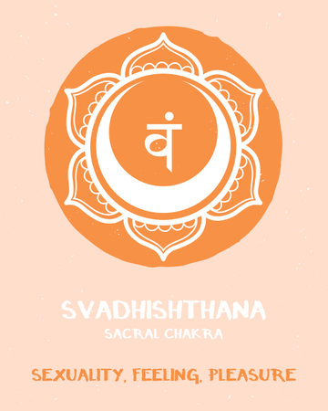 Second chakra on textured background. Svadhishthana mandala symbol with description. Pastel colours.のイラスト素材