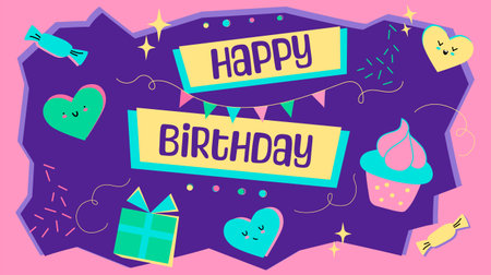 Happy birthday greeting banner with geometric elements, smiling hearts and sweets in 90s, 80s style.のイラスト素材