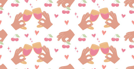 Cartoon hands with wine glasses and cherries on white background seamless pattern.のイラスト素材