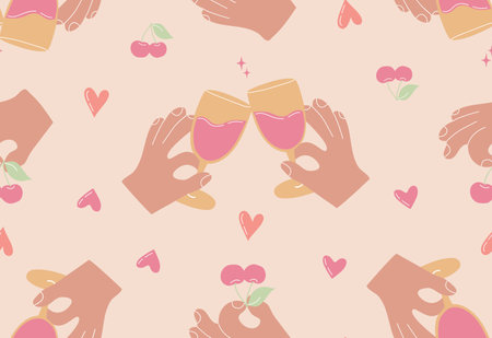 Two glasses with wine and hand with cherry seamless pattern. Celebrate concept cartoon vector illustration.のイラスト素材