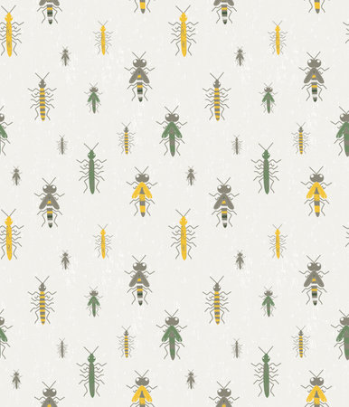 Green and yellow insects seamless pattern. Cartoon bugs on textured background vector illustration.の写真素材