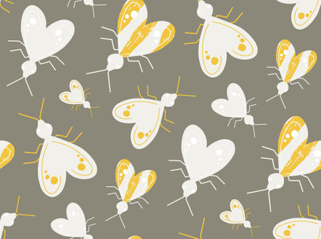 Yellow and white moths on gray background seamless patternのイラスト素材