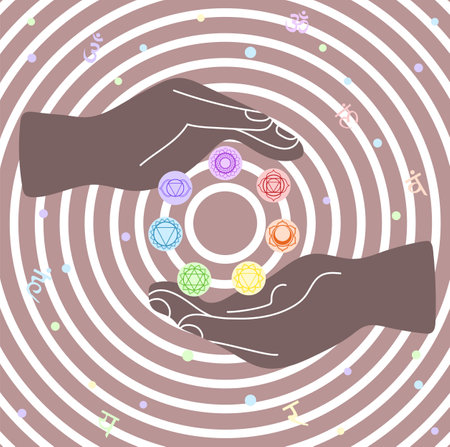 Hands holding seven chakras in the circle. Rainbow mandalas modern vector illustration.のイラスト素材