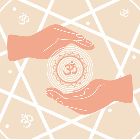 Hands holding mandala with om symbol. Boho style vector illustration.
