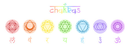 Set of seven colorful chakra circles with sanskrit symbols. Round icons in pastel color for yoga and meditation practice.のイラスト素材