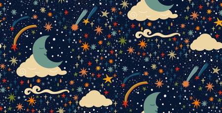 Night sky with colorful stars and moon seamless pattern. Cartoon vector illustration, sweet dreams concept.のイラスト素材
