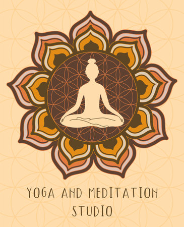 Yoga and meditation studio logo with mandala on beige background.Vector illustration.のイラスト素材
