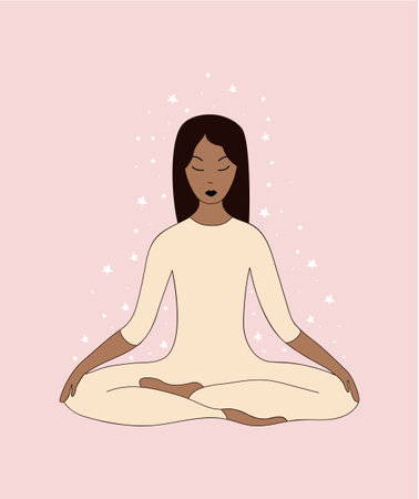 Asian woman doing yoga in meditating lotus pose. Vector illustration. Isolated on pink backgroundのイラスト素材