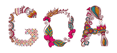 GOA letters in henna tattoo style isolated on white background. Colorful typography for travel to India.のイラスト素材
