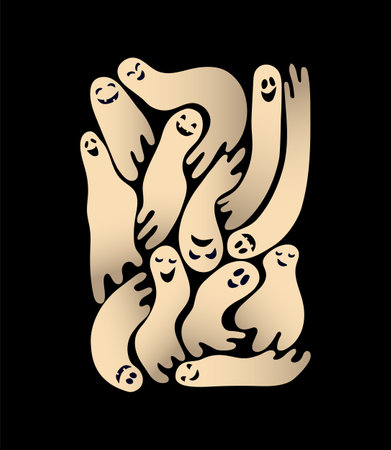 Happy ghost flying on black background. Cute cartoon spooky vector illustrationのイラスト素材