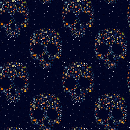 Seamless pattern with colorful starry sculls. Vector illustration for halloween and day of dead.のイラスト素材