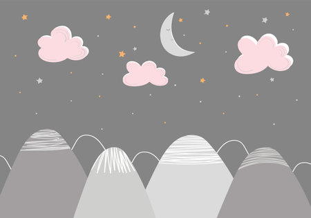 Kid's hand-drawn wallpaper decor in scandinavian style with mountain landscape, clouds and sleeping moon. Vector illustration in pastel colors.のイラスト素材
