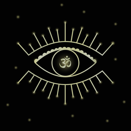 Golden eye with om symbol on black background. Mystical sign vector illustration for decoration.のイラスト素材