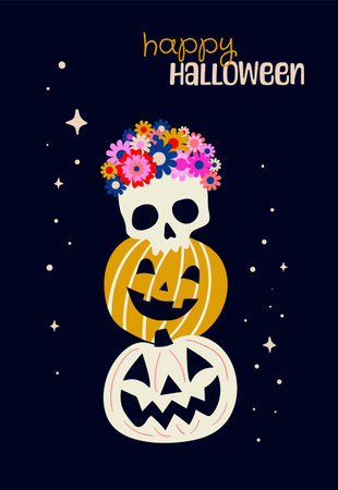 Happy Halloween vertical banner. Vector illustration with pumpkins and skull.のイラスト素材