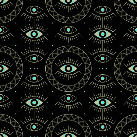 Seamless pattern with golden evil eyes. Vector illustration on black background.