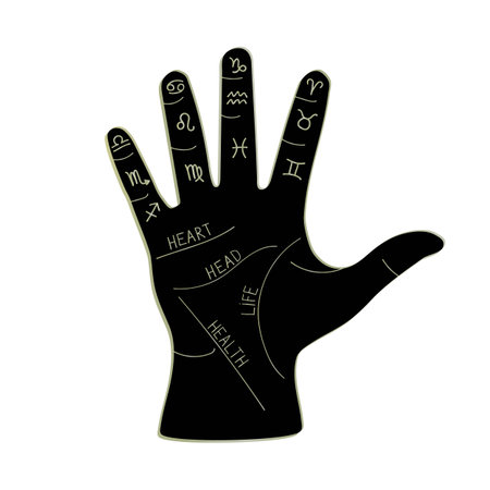 Zodiac signs in palm of hand. Vector illustration isolated on white background for palmist, numerology and astrology.のイラスト素材
