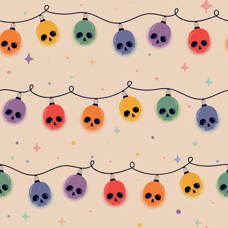 Seamless pattern with skulls hanging as a holiday garland. Vector illustration for Halloween or Day of the Dead decorationのイラスト素材